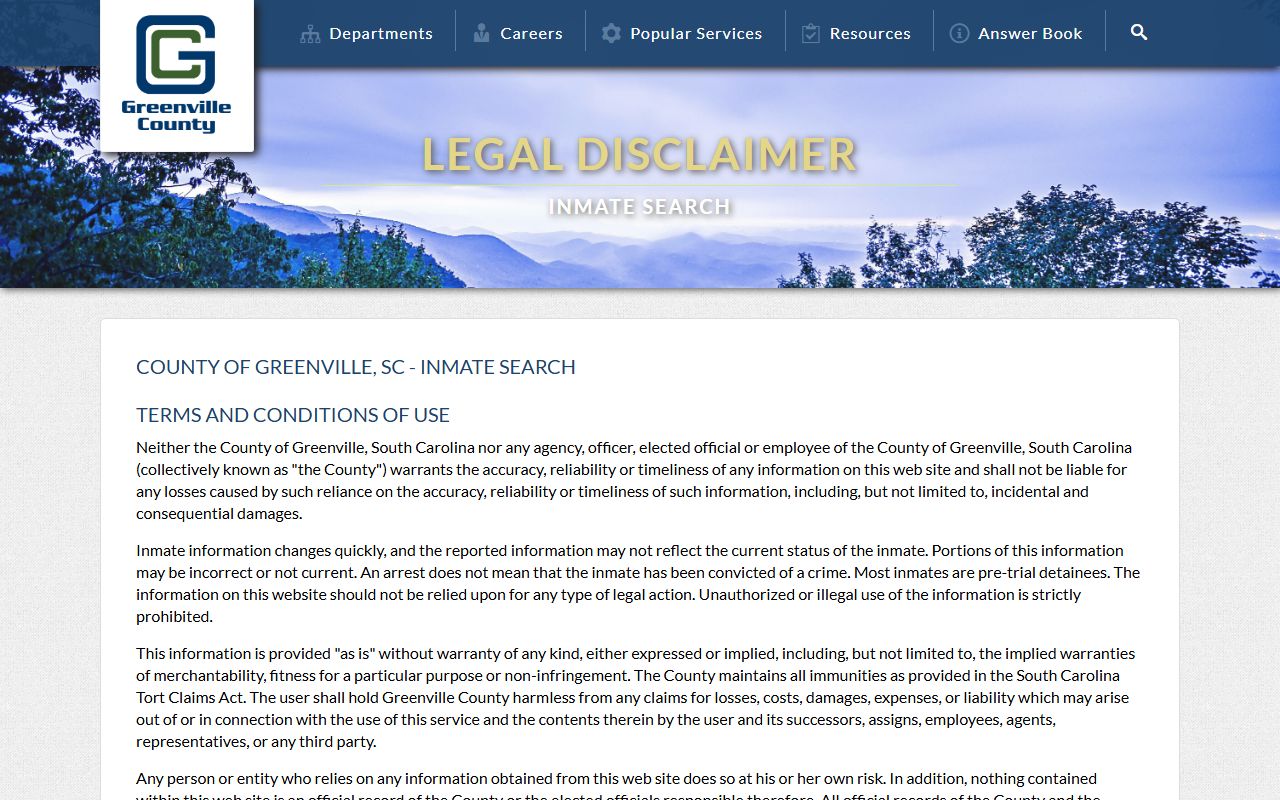 Greenville County inmate population official inmate search disclaimer