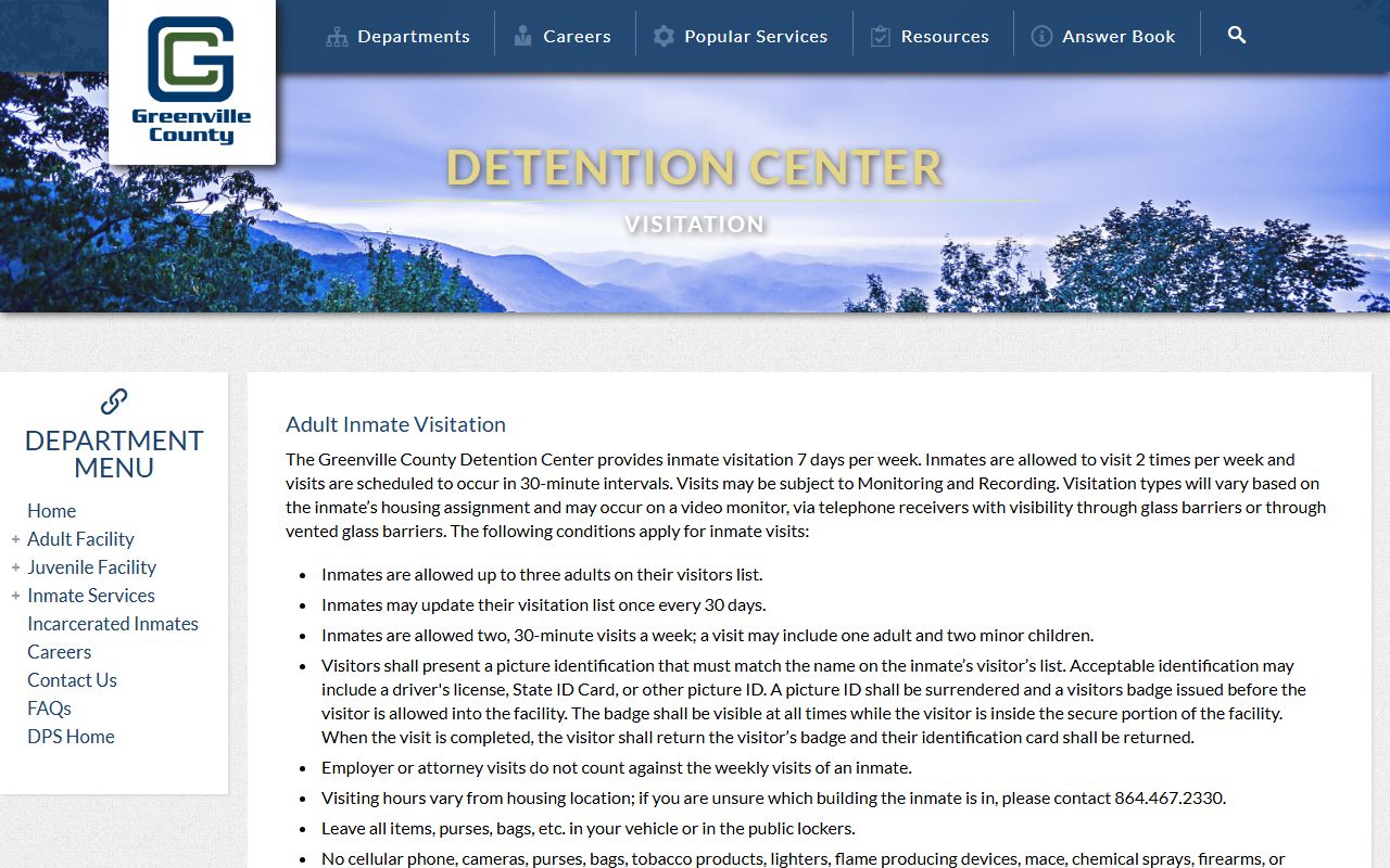 Greenville County Detention Center inmate visitation rules and schedule record